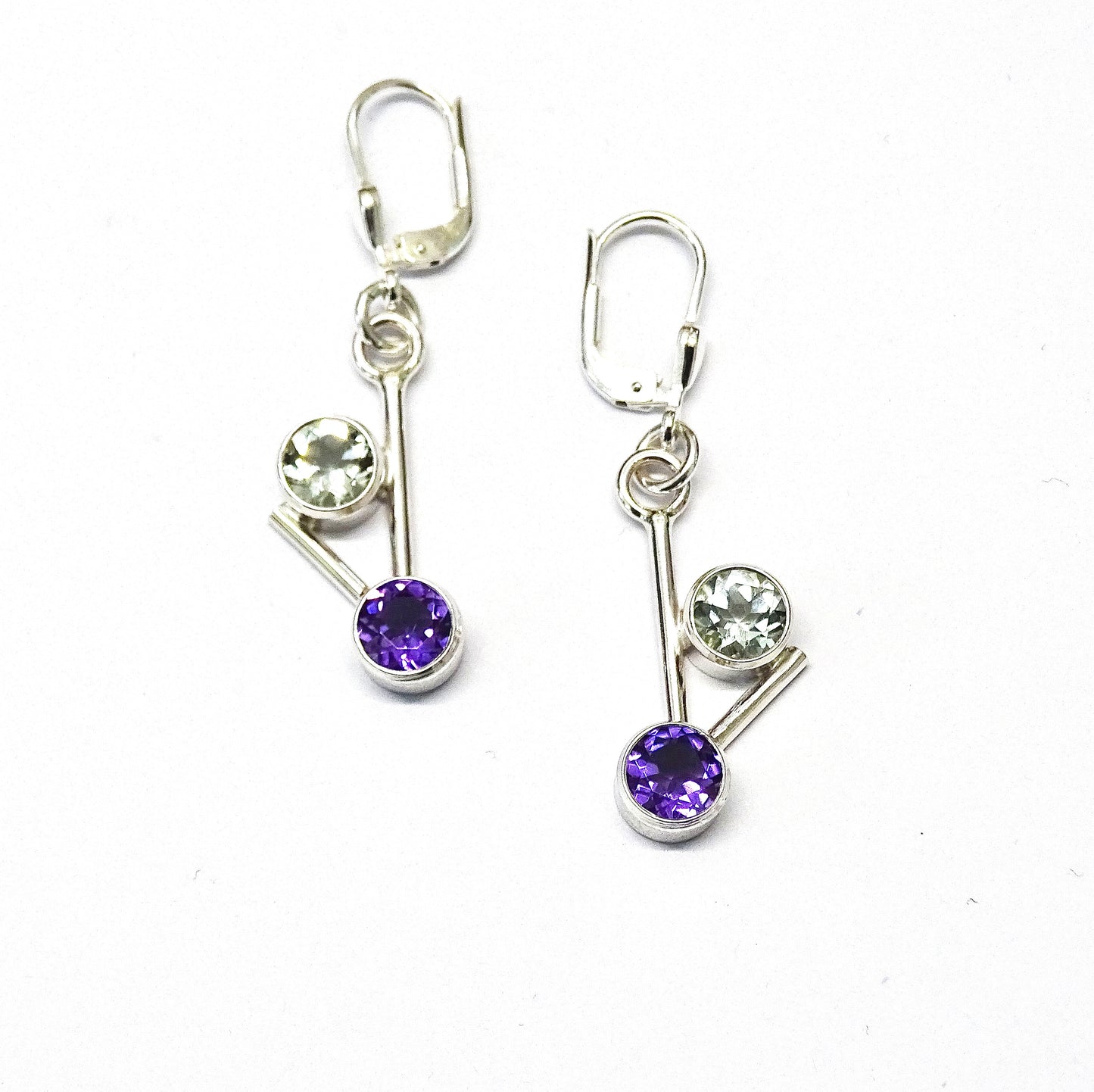 Short Amethyst & mint Quartz earrings.